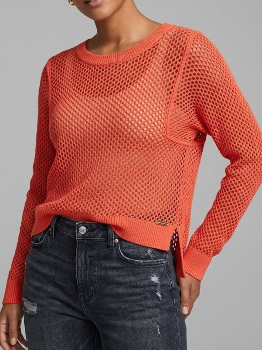 MICHAEL Michael Kors Open Knit Mesh Crochet Pullover Sweater Coral Orange Size M